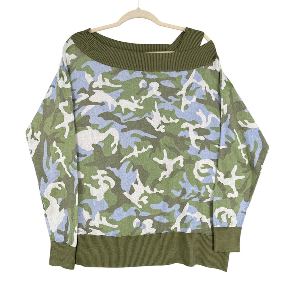 W by WORTH Camouflage Off Shoulder Ribbed‎ Silk Cotton Pullover Sweater Small